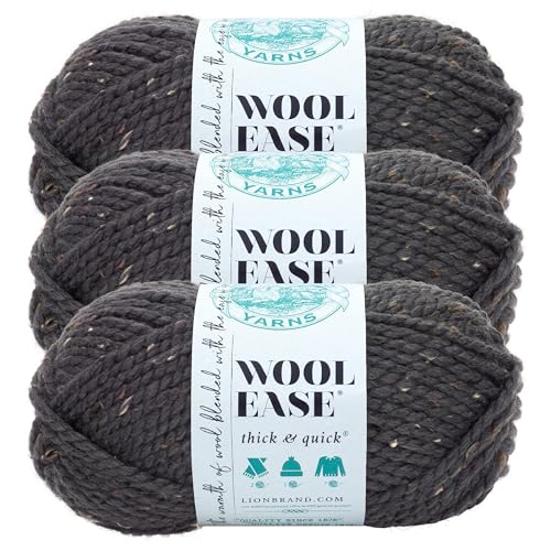 Image of Lion Brand Yarn, Wool-Ease Thick & Quick Yarn, Graphite, Gray Tweed, 3 Pack | Super Bulky Wool Acrylic Blend Fiber for Soft Hats, Sweaters, Chunky Blankets, Yarn for Crochet, Knitting, Crafts, Weaving