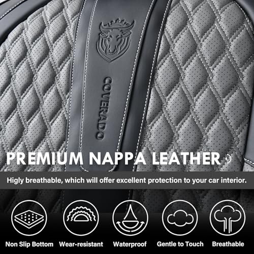 Image of Coverado Leather Seat Covers for Car, Waterproof Front Car Seat Covers with Lumbar Support Universal Fit for Most Sedans SUV Pick-up Truck(Black&Gray)