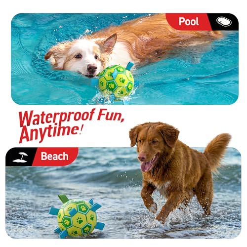 Image of QDAN Dog Toys Soccer Ball, Durable Dog Balls with Strap for 30-90 lbs Dogs | 8 Inch Soccer Toy with Tabs, Training Herding Balls for Outdoor, Dog Tug Toy for Tug of War, Puppy Birthday Gifts, Green