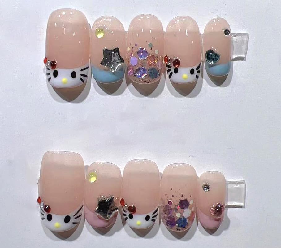 Miniatura 4 de Lovely Cat Nail Art - Uñas francesas a presión con punta azul rosa con diamantes de imitación y purpurina gruesa, lindas uñas postizas ovaladas