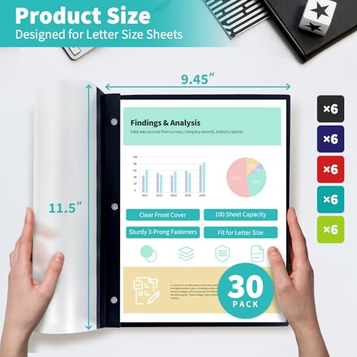 Image of Heavy-Duty Report Covers with 3 Prongs, 100-Sheet Capacity, Assorted,30Pack | Plastic Report Folders with Back Covers, 3-Prong Metal Fasteners, 8.5 x 11 Inch Letter Size, for Professional Presentations
