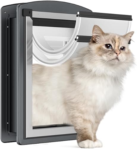 MAVRICPOWER Puerta grande de acero para puerta exterior, puerta interior para gatos con dos paneles de bloqueo deslizantes, puerta para mascotas