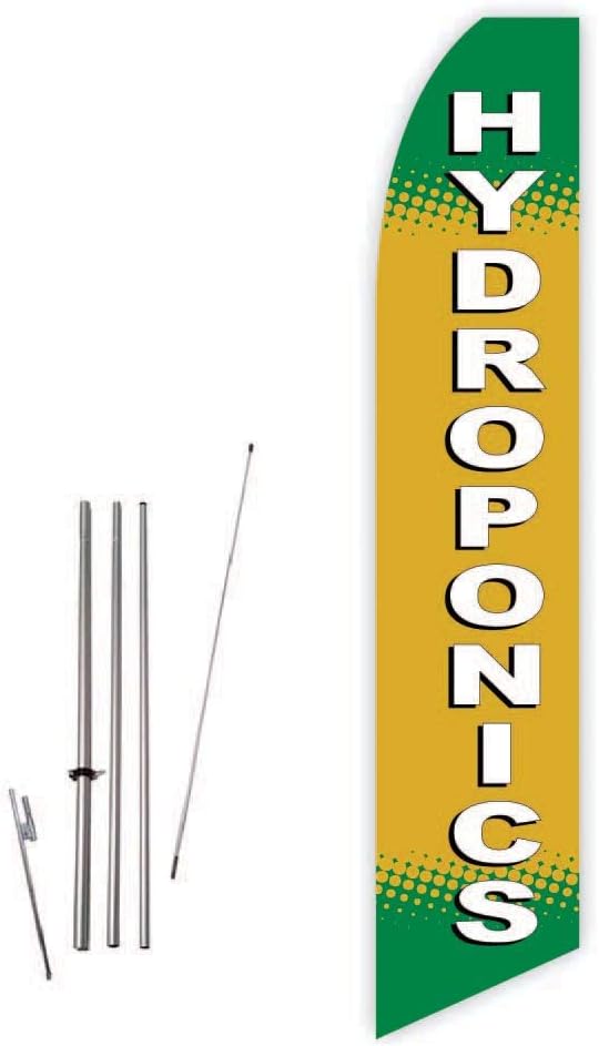 Hydroponics (Yellow/Green) Super Novo Feather Flag - Complete with 15ft Pole Set and Ground Spike