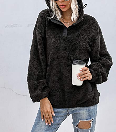 PRETTYGARDEN Women's Long Sleeve Fuzzy Sherpa Fleece Sweatshirt Coat Zipper Hoodie Oversized Pullover Outwear with Pockets (Small, Solid Black)