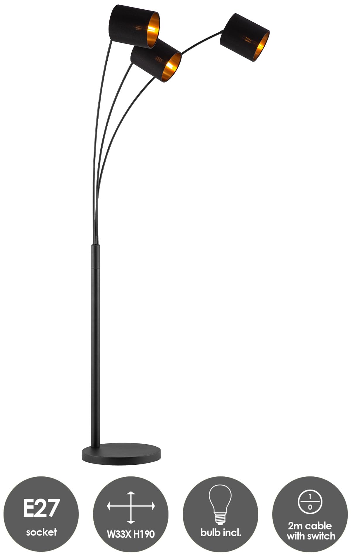 Home Sweet Home Bogenlampe 3 Flammig Schwarz Gold | Moderne Stehlampe Wohnzimmer 190cm | Verstellbare Bogenleuchte E27 inkl. 3x 9W LED Leuchtmittel | Stabile Standleuchte Industrial