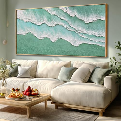 Image of Green Abstract Framed Canvas Wall Art,Modern White Wave Wall Decor,Neutral Minimalist Green And White Color Water Art Print for Living Room,Bedroom,Dining Room, Office 29 inchx58 inch
