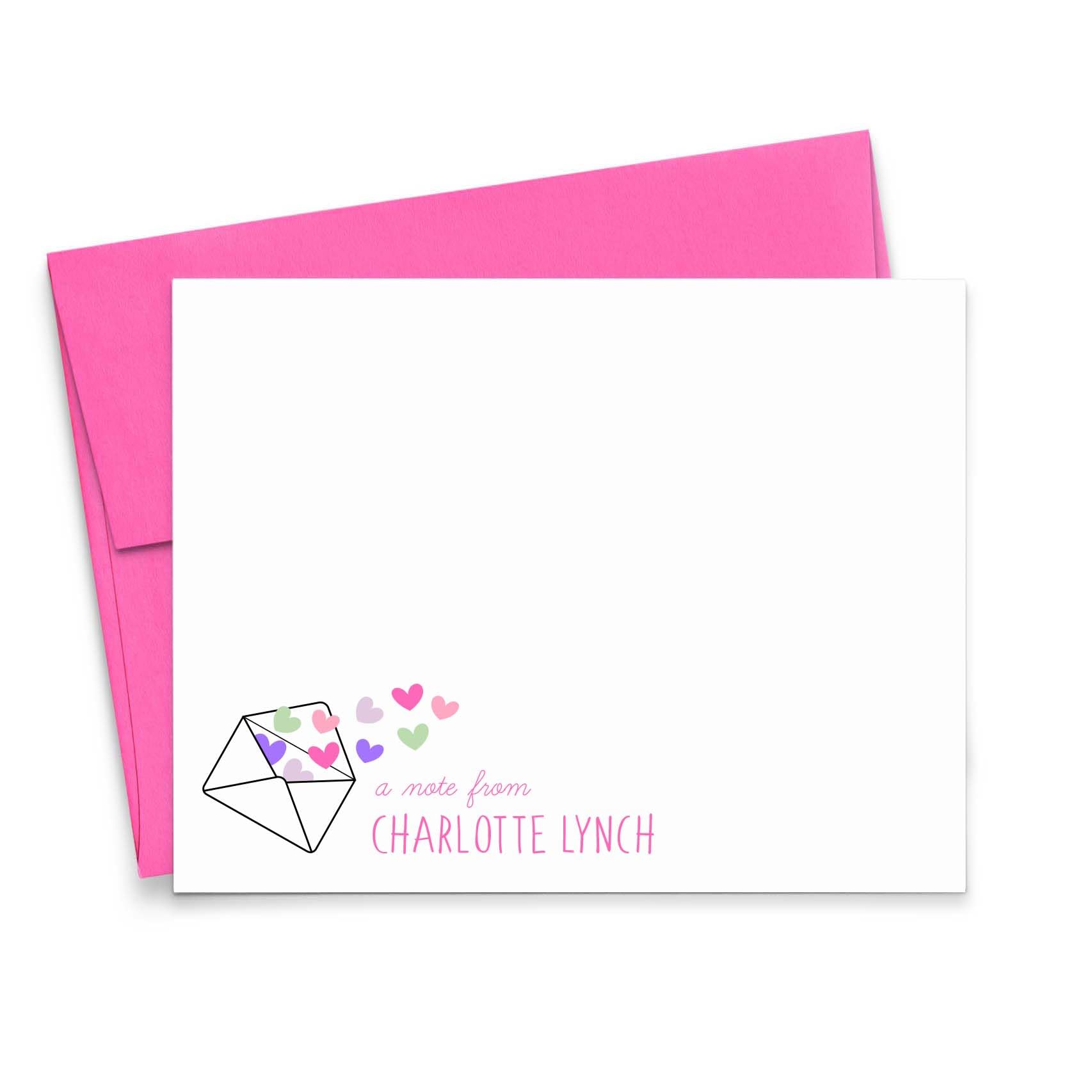 Personalized Girls Heart Flat Note Cards & Envelopes (Custom Colors & Quantity)