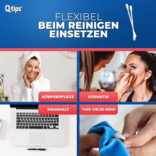 Q-tips Pflege-Wattestäbchen mit Papierschaft, Würfelbox, Vorteilspack (9x 206 Stück), 100% biologisch abbaubar, Baumwolle ohne Plastik, Reinigung der Ohren, Abschminken und Korrektur von Makeup
