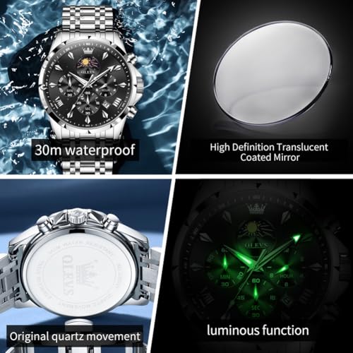 Image of OLEVS Watches for Men Analog Quartz Original Branded Mens Watch Chronograph Stainless Steel Chain 3ATM Waterproof Wrist Watch for Men