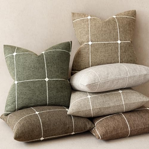 Image of Foindtower Pack of 2 Decorative Faux Linen Jacquard Check Throw Pillow Covers Farmhouse Cushion Cover with Grid Textured Accent Pillowcase for Couch Sofa Living Room Home Decor,22x22 Inch,Tan Khaki