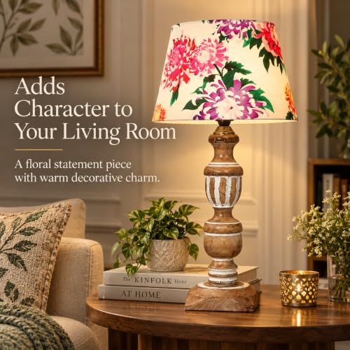 Image of tu casa Wooden Table Lamp | Premium Floral Satin Shade | Solid Wooden Base | Modern Home Decor | Ambient Bedside Lighting | Bedroom, Living Room, Study Table, Office & Festival Gifting