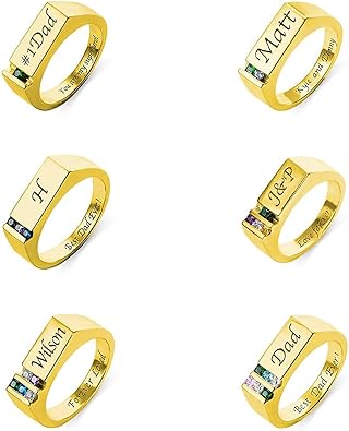 Getname Mens DAD Ring - Sterling Silver Fathers Day Gift for Dad - Personalized Engraving Birthstone - Ring Gift for Husband or Him - 18K Gold Plated