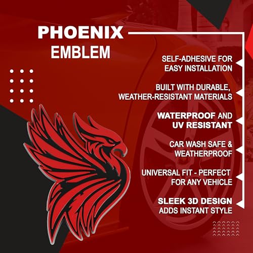 Image of Phoenix Emblem 3D Bird Badge, Custom Car Decal Sticker - Durable Exterior Trunk, Hood, Fender for Car, Truck, SUV (Set of 2) (Red)