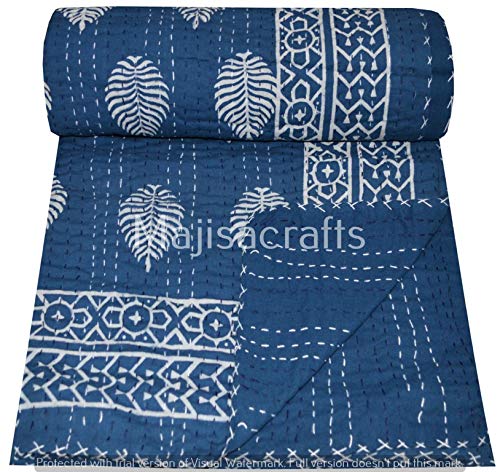 Majisacraft Indian Kantha Quilt Bed Cover Reversible Bedspread Vintage Gudri Throw Blanket Bedding Handmade Twin Boho 60 X 90 Inch Blue