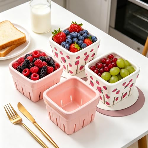 Image of Pumtus 4 Pack Ceramic Berry Baskets, 4.7 inch Square Fruit Bowl with Holes & Pads, Pink White Fridge Berry Container, Decorative Strawberry Grape Cherry Colander, Fruit Crate Holder for Gift Kitchen