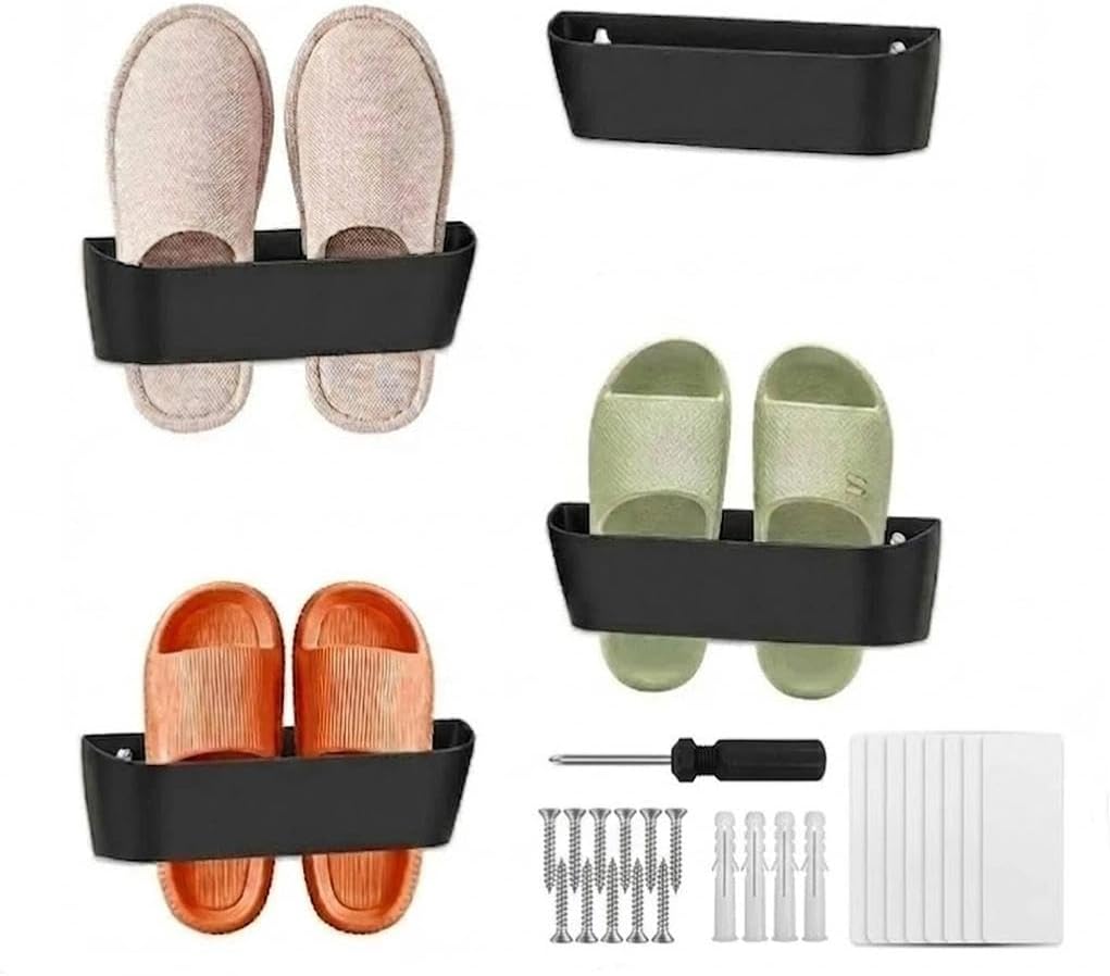 Shoe Holder for Wall Mounting, Pack of 4, Black Shoe Organiser Made of PC, Optionally Self-Adhesive or for Drilling, Space-Saving for Motorhome, Hallway and Bathroom