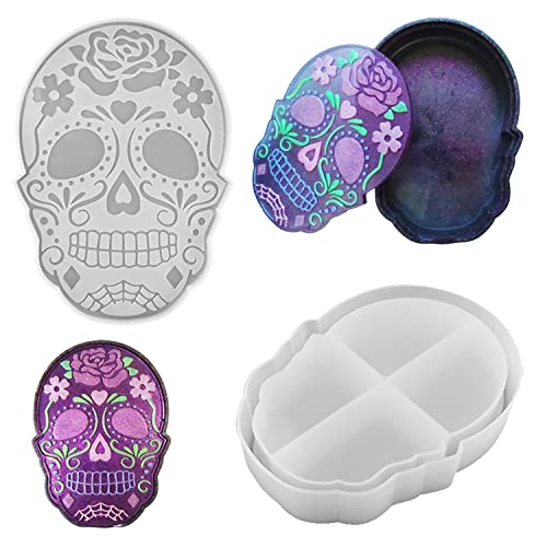 VERWIN Boîte de rangement en résine en forme de tête de mort - Moules en silicone avec couvercle - Moules époxy pour décoration d'Halloween et de maison Cover