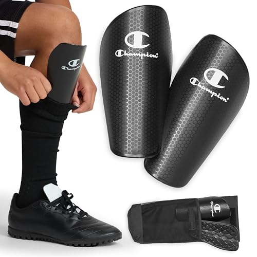 Champion Defender Elite Youth Soccer Shin Guards (S/M Black) Slip-in Curved Plastic Plate and EVA Foam Interior for a Contoured Fit for Boys/Girls Soccer Game