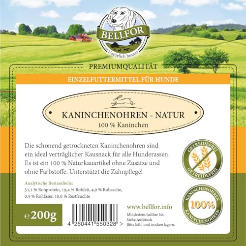 Bellfor - Kaninchenohren ohne Fell - 200 g. Kausnacks für Hunde zur Unterstützung gesunder Zähne bei Welpen und Senioren. Leicht verdaulich. Hundeleckerli für das Hundetraining.