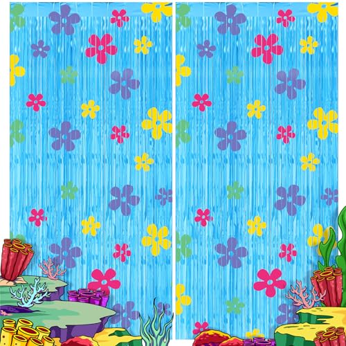 Image of Breling 4 Pcs Sponge Birthday Party Decorations Foil Fringe Photo Backdrop Decor Blue Foil Fringe Curtains Backdrop Flower Decor for Cartoon Birthday Decorations Photo Prop Sponge Party Supplies