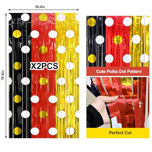 Image of 2 Packs Red Black Yellow Foil Fringe Curtain, Mouse Polka Dots Glitter Metallic Tinsel Backdrop for Birthday Baby Shower Cartoon Mouse Party Decorations Supplies