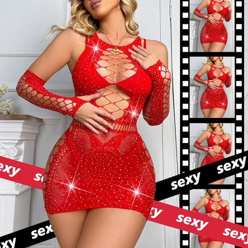 Sexy Lingerie For Women Naughty Rhinestone Sparkle Fishnet Lingerie Set Teddy Erotic Mesh Rave Outfit - Image 5