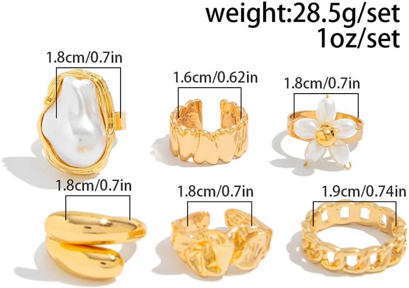 5Pcs Chunky Dainty Gold Flower Rings Stackable for Women Trendy, Statement Baroque Pearl Floral Silver Huggie Knuckle Ring Vintage Party Jewelry Gift - Image 2