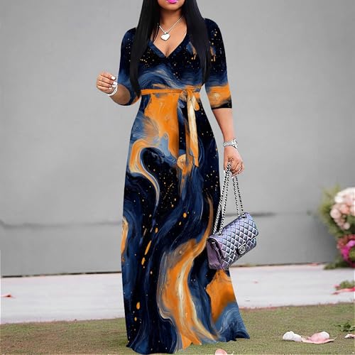 Image of PinkPatty Women's Print Maxi Dresses 3 /4 Sleeve Flowy Long Dress V Neck Wrap Tie Waist Sundress