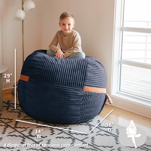 Image of Big Joe Fuf 4Ft Foam Bean Bag Chair with Removable Cover for Kids, Teens, Midnight Blue, Corded Plush, 4 Foot Large Reading and Gaming Seat