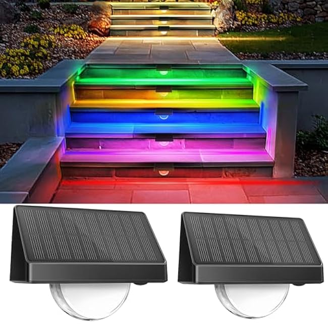Solar Step Lights for Outside 2 Pack ÿ 11 Modes (Fixed/Fade/Flash) RGB Color Changing, IP68 Waterproof, 180¡« Wide-Angle Solar Stair Lights, Dusk to Dawn Deck Lights for Fence Yard Patio Porch