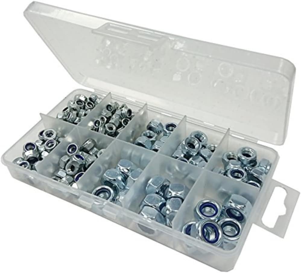 Bulk Hardware BH06565 Assortment of Self Locking Nylon (Nyloc) Hex Nuts in a 10 Compartment Carry Case.