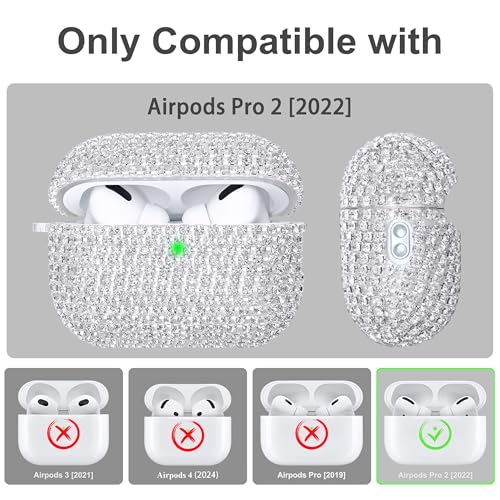 Ucharmbead Compatible with AirPods Pro 2 Case Protective Glitter Diamond Rhinestone Silver Case for AirPods Pro 2nd Gen with Luxury Shining Keychain for Women