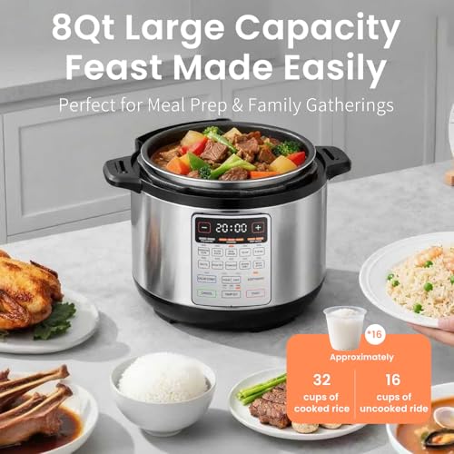 Image of Fullwill 8QT Electric Pressure Cooker Max, 1200W Fast Cooking, 12-in-1 Multi-Use Programmable with Ceramic Non Stick Pot for Saute, Slow Cook, Steam, Yogurt, Ideal for Family Meals & Gatherings