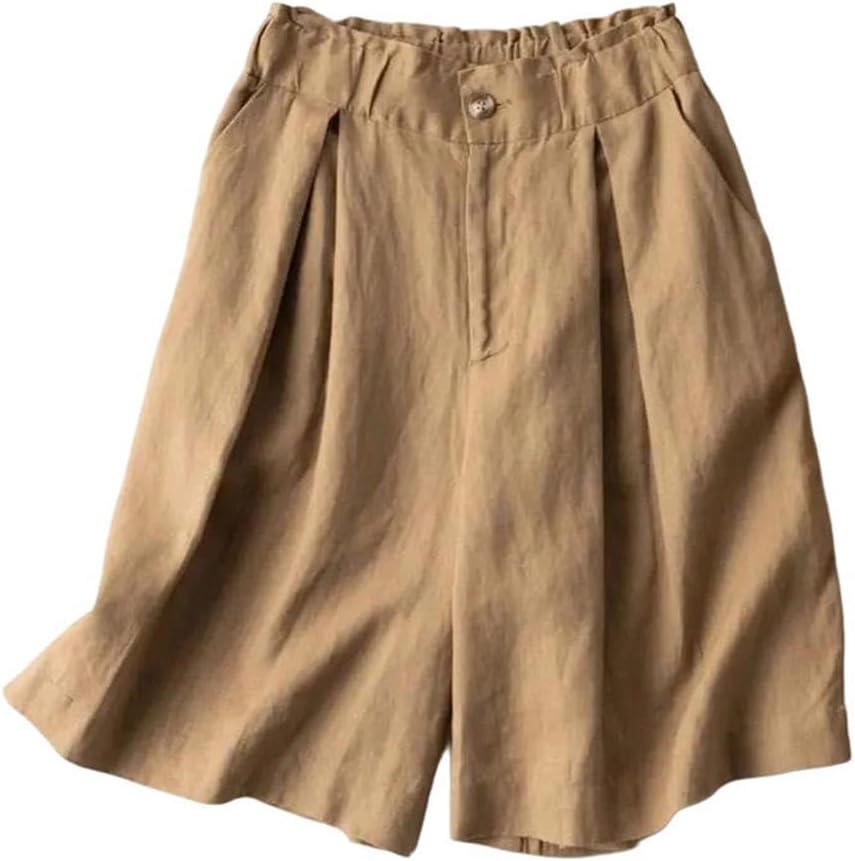 Women Casual Cotton Linen Wide Leg Shorts Summer Straight Leg Loose Pants