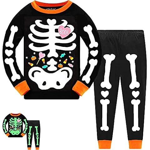 Tkria Kids Pajamas for Girls Skeleton Glow-in-The-Dark Cotton Sleepwear Toddler Clothes Halloween Outfit Size 1-12T Cover