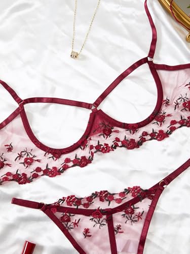 Image of Lilosy Sexy Underwire Floral Lace Sheer Lingerie Set for Women See Through Bra and Panty 2 Piece