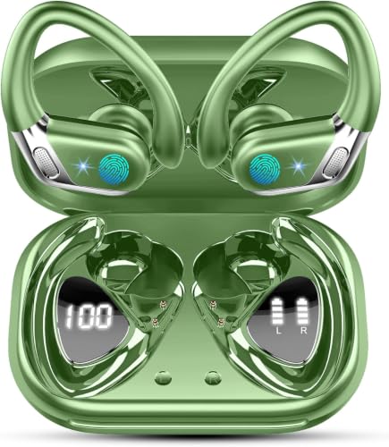 Image of Matast Wireless Earbuds, Bluetooth 5.4 Headphones Sport, 75H Deep Bass Sound Over Ear Buds with 4 ENC Noise Cancelling Mic, Dual LED Display, IP7 Waterproof Earphones with Earhook for Workout, Green