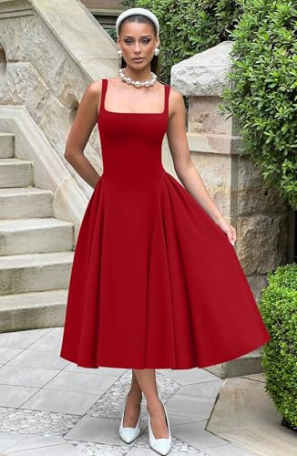 Image of Memoriesea Women's Elegant Square Neck Swing A Line Wedding Evening Party Midi Dress