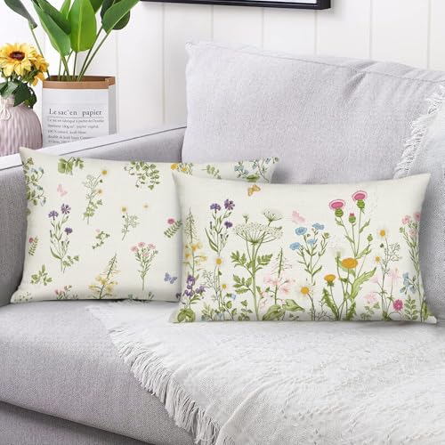 Bonhause Spring Floral Cushion Covers 30 x 50 cm Flowers Leaves Decorative Throw Pillow Covers for Sofa Couch Bed Home Garden Outdoor Decor Set of 2