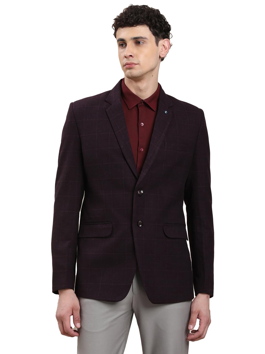 Turtle Blazer casual a cuadros de poliviscosa para hombre, ajuste a medida, blazer estructurado morado para estilo casual elegante