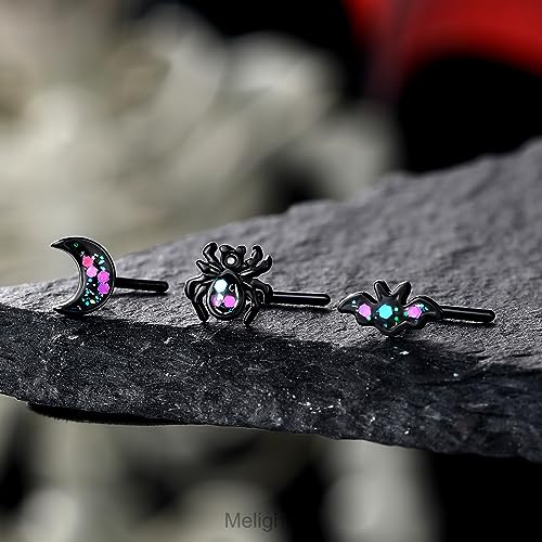 MeIighting 3PCS Black Nose Rings 20G Halloween Nose Studs Surgical Steel 316L Spider Nose Piercing Jewelry L Shaped Bat Nostril Piercing Jewerly3