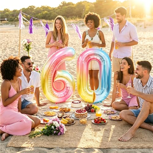 Image of Rainbow Number Balloons Birthday Balloons - Giant Number 60 Balloon 40 inch, Numbers Balloon Birthday Decorations, Rainbow Party Supplies for Baby Shower