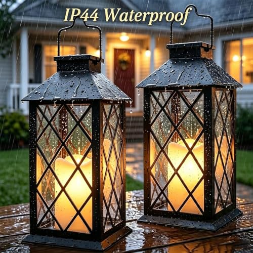 Image of 4 Pack 14 inch Large Tempered Glass Solar Lanterns Outdoor Waterproof | Black retro solar lantern with flickering flameless candles, ideal decoration for wall, porch, patio, table and garden.