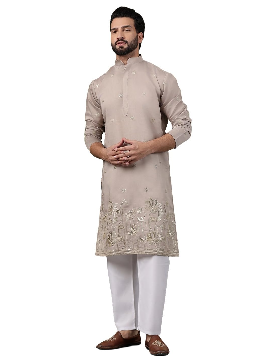 sojanya (Since 1958 Men's Cotton Floral Zari Embroidered Kurta and White Pyjama-picture-24