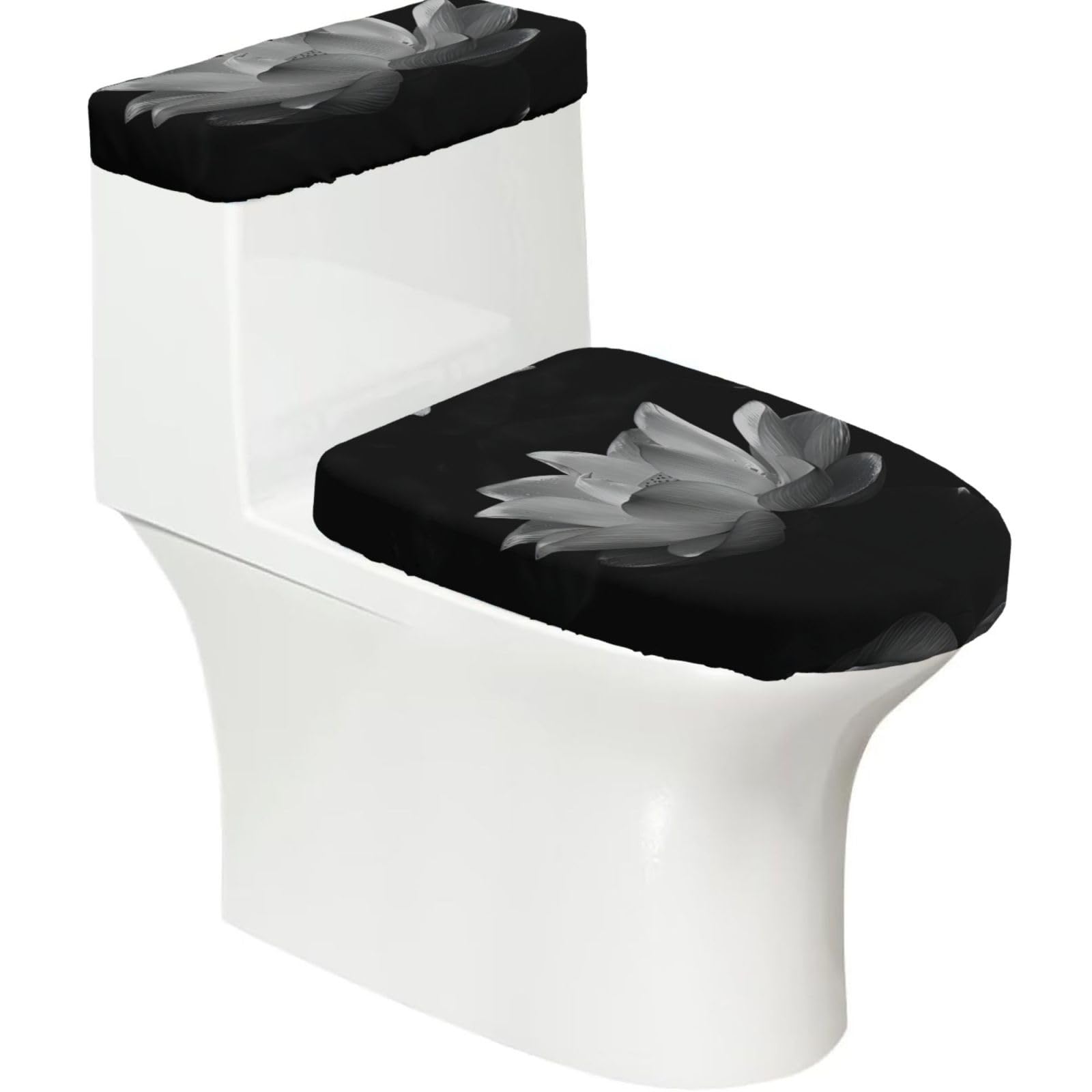 Black and White Lotus 2-Piece Toilet Seat Cover Set with Tank Lid - Elastic for U-Shape & Elongated - Bathroom Decor