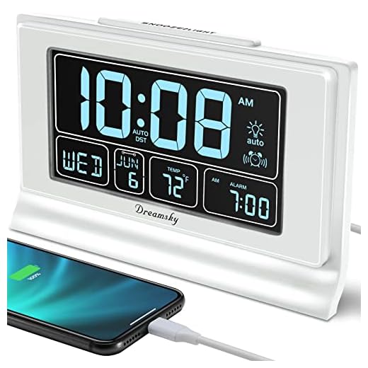 DreamSky Auto Set Digital Alarm Clock with USB Charging Port, 6.6 Inches Large Screen with Time/Date/Temperature Display, Full Range Brightness Dimmer, Auto DST Setting, Snooze. (White)