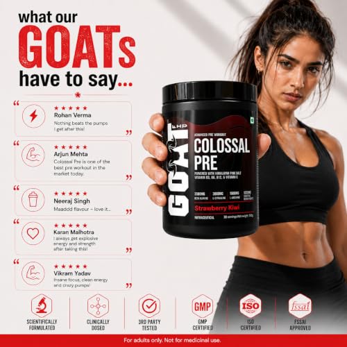 Image of Colossal Pre | PreWorkout Powder (Strawberry Kiwi 180gm 15 Servings) 200mg Caffeine 3.5g Beta-Alanine 3g Citrulline 1.5g Arginine 1g Creatine with Himalayan Pink Salt