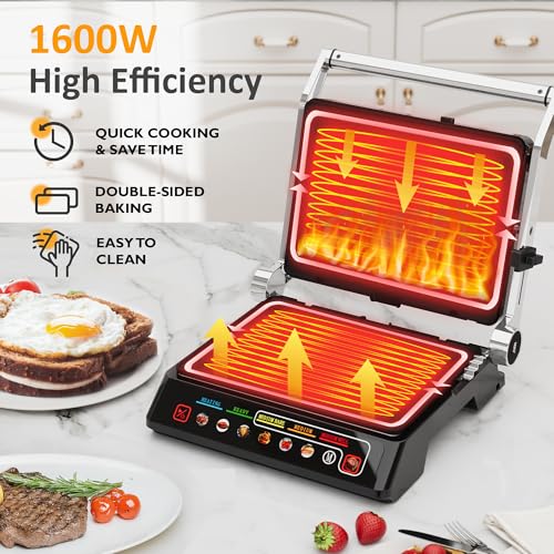 Image of Sunvivi Indoor Grill & Griddle with Preset Menu, 1600W Electric Panini Press Sandwich Maker, Removable Nonstick Plates, Locking Lid, Double-sided Grill with 180 Flat Opening, Stainless Steel, Black