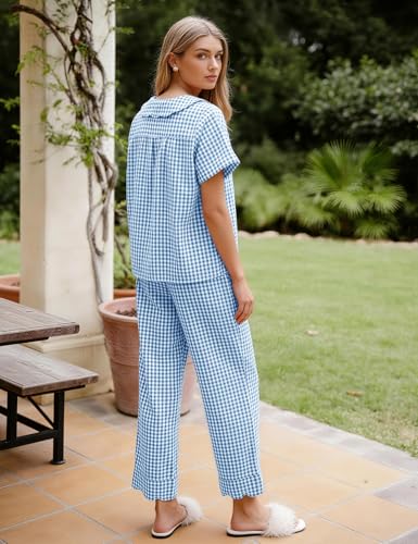 Image of Flygo Womens Gingham Pajamas Set Cotton 2 Piece Pj Set Scalloped Collar Babydoll Shirt Pants Plaid Y2K Lounge Sets