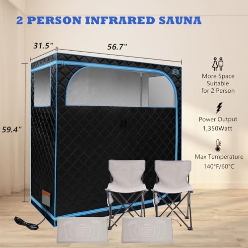 2 Person Infrared Sauna | Full Size Portable Sauna Tent | FAR Infrared Sauna for Home, 1,350watt, Home Saunas with Heating Foot Pad*2, Portable Chair*2, (L56.7 x W31.5 x H59.4, Black) - Image 4